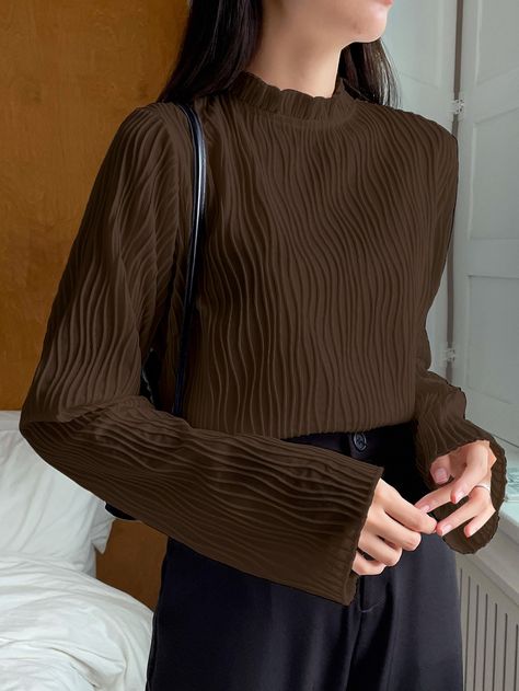 Coffee Brown Casual Collar Long Sleeve Fabric Plain  Embellished Non-Stretch  Women Tops, Blouses & Tee Brown Blouse Outfit, Brown Turtleneck Outfit, Outfit Marrone, Brown Top Outfit, Spring Fashion Outfits Casual, Early 2000 Fashion, Turtleneck Outfit, Brown Blouse, Fashion Trends Winter