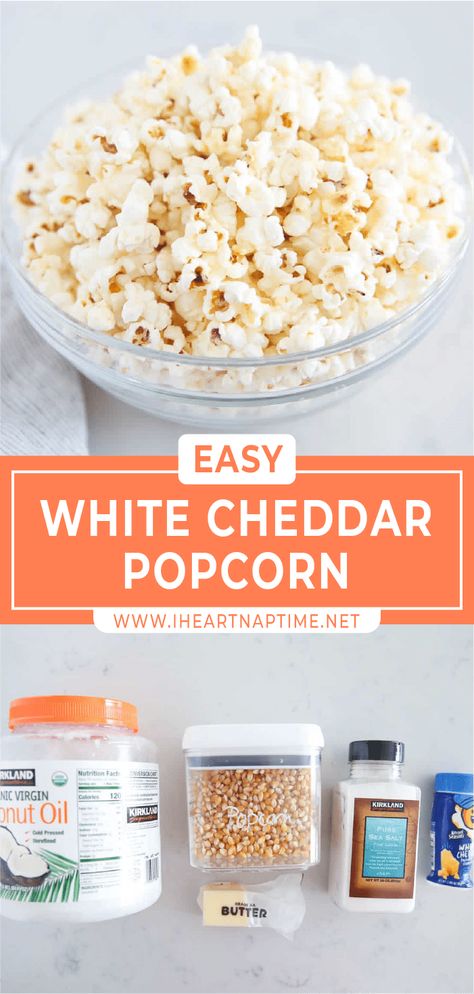 Learn how to make white cheddar popcorn at home! This salty, cheesy snack is so easy to make right on your stovetop. Get the bowls ready because your family is going to love it! Homemade Cheddar Popcorn, Cheesy Popcorn Recipe, White Cheddar Popcorn Recipe, Cheddar Popcorn Recipe, Cheesy Popcorn, Popcorn At Home, White Cheddar Popcorn, White Chocolate Popcorn, Cheddar Popcorn