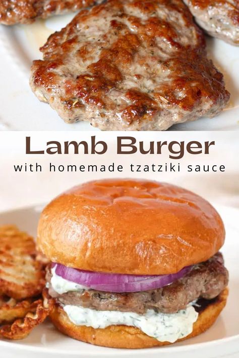 These juicy and flavorful lamb burgers with tzatziki sauce are a wonderful switch-up from your normal beef burgers. Filled with deep lamb flavor these tender lamb patties are topped with a homemade tzatziki sauce and sliced red onions on a toasted buttery bun. Served with crinkle fries for the ultimate summer meal! Gyro-style Lamb Burgers With Tzatziki And Grilled Onions, Lamb Patties Recipes, Lamb Burgers With Tzatziki, Lamb Burgers Patties, Ground Lamb Burgers, Lamb Meals, Lamb Burger Recipe, Homemade Burger Patties, Lamb Sandwich