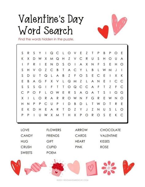 This easy Valentine’s Day FREE printable word search puzzle is perfect to include among your Valentine’s Day activities and games for elementary school-aged kids. Get the best Valentines ideas for February classroom crafts, preschool class party ideas, & Valentines Day tips at roommomrescue.com! 5th Grade Valentines Activities, Valentines Day Worksheets 2nd Grade, Valentines Activities For 3rd Grade, Valentines Class List Template Free Printable, Valentines Day Crafts 2nd Grade, Valentine's Day With Kids, Valentine’s Day 4th Grade, Valentines Crafts For 4th Graders, 2nd Grade February Activities