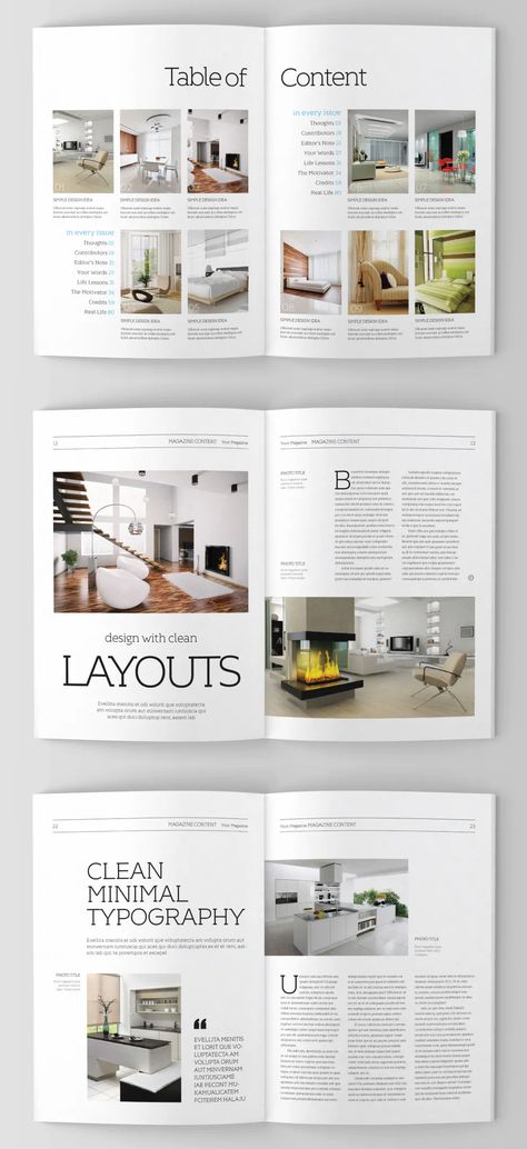 Interior Design Magazine Template InDesign - 40 pages Interior Design Magazine Layout Ideas, Interior Design Cover Page, Interior Magazine Cover, Table Of Contents Magazine, Interior Design Magazine Cover, Interior Design Magazine Layout, Memphis Design Interior, Material Studies, Interior Design Basics