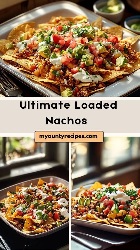 Elevate your snack game with our Ultimate Loaded Nachos! These nachos are loaded with crispy chips, melted cheese, seasoned ground beef, beans, and fresh toppings like guacamole, sour cream, and salsa. Perfect for game day, parties, or a quick weeknight treat, these nachos are customizable and full of flavor. Easy to make and impossible to resist, they’re the ultimate party food! Quick Nachos, Nacho Chips Recipe, Ground Beef Nachos, Loaded Nachos Recipe, Nachos Cheese Recipe, Nachos Recipe Beef, Best Ground Beef Recipes, Baked Nachos, Nacho Toppings