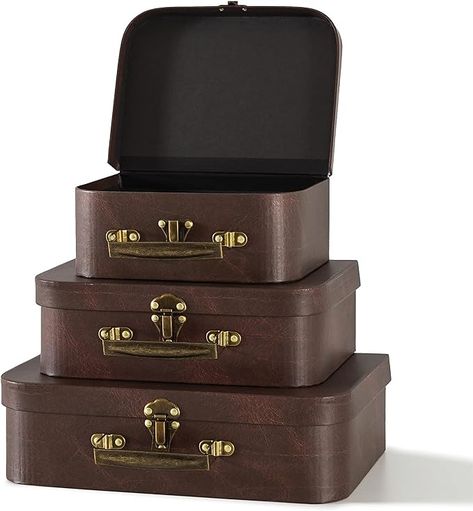 Amazon.com: Paperboard Suitcases Set of 3, Brown Leather - Vintage Cardboard Suitcase Decor, Nesting Luggage Decorative Mache Boxes with Hinged Lids and Brass Handle, Mini Suitcases for Centerpieces, Photo Props : Home & Kitchen Cardboard Suitcase, Suitcase Decor, Brass Handle, Brass Handles, Suitcases, Photo Props, Brown Leather, Brass