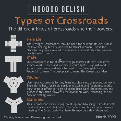 Crossroads work is one of the staples of traditional hoodoo. The crossroads is a place to great spiritual power and many types of magic, spiritual growth, and spiritual practice can be done at the crossroads themselves or using their magic elsewhere. This is one slide of a graphic class (link to the others included in this post). Hoodoo Conjure Rootwork, Blood Magick, Hoodoo Magic, Hoodoo Conjure, Hoodoo Spells, Voodoo Hoodoo, Traditional Witchcraft, Types Of Magic, Easy Spells