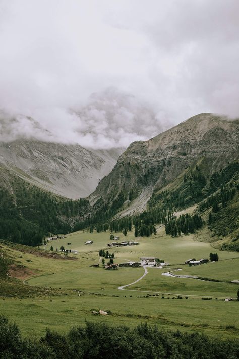 Nature, Alpine Mountains Landscapes, Top Of Mountain Aesthetic, Foggy Mountain Aesthetic, Mountain Village Aesthetic, Mountain Town Aesthetic, Small Village Aesthetic, Foggy Village, European Mountains