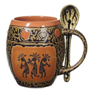 Trio Kokopelli Mug with Spoon in Coral Clay Cup, Mexican Pottery, Pottery Mugs, Ceramic Mugs, Handmade Ceramics, Lovers Art, Ceramic Mug, Thoughtful Gifts, Coral