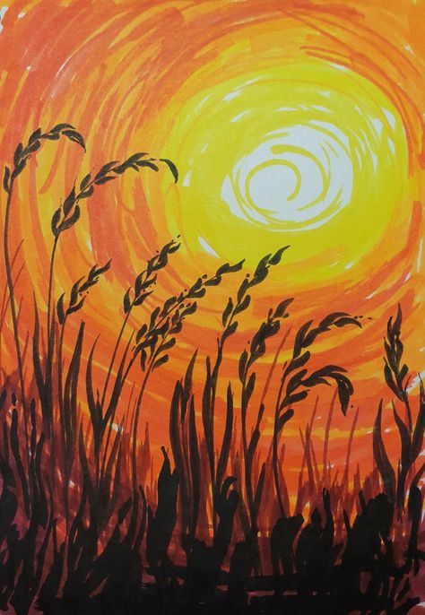 Flomasteri Art, Sunny Sky Drawing, Flomasteri Drawing, Felt Tip Drawings, Felt Tip Pen Art Drawings Easy, Sun Rise Drawing, Felt Tip Pen Art Drawings, Sun Set Drawing, Felt Pen Art