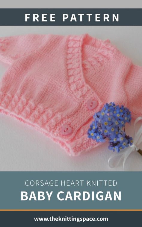 Make this adorable Corsage Heart Knitted Baby Cardigan for your little one. This cute cardi will definitely make any baby look even more charming. This also makes for an ideal baby shower gift. This pattern is perfect for experienced beginners and intermediate knitters.| Discover over 5,500 free knitting patterns at theknittingspace.com| Discover over 5,500 free knitting patterns at theknittingspace.com Newborn Knitting Patterns Free Cardigans, Premature Baby Knitting Patterns Free, 4ply Baby Knitting Patterns Free, Prem Baby Knitting Patterns Free, Free Baby Knitting Patterns Newborns, Free Newborn Knitting Patterns, Crochet Baby Cardigan Free Pattern, Baby Knitting Patterns Free Newborn, Free Baby Sweater Knitting Patterns