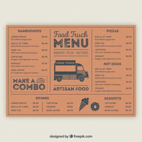 Classic food truck menu with hand drawn ... | Free Vector #Freepik #freevector #food #vintage #menu #coffee Food Truck Menu Ideas, Menu Vintage, Menu Sans Gluten, Pizza Food Truck, Menu Design Inspiration, Diner Menu, Food Truck Menu, Cafe Menu Design, Italian Menu