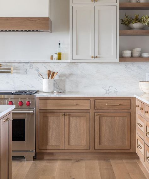 Off White And Oak Kitchen, White Oak And Gray Kitchen, Hardwood Kitchen Cabinets, Floors With White Oak Cabinets, Galley Kitchen White Cabinets, Wood Lower Cabinets White Upper, Kitchen Ideas Victorian House, Kitchen Cabinets Light Wood, Light Wood Kitchen Cabinets