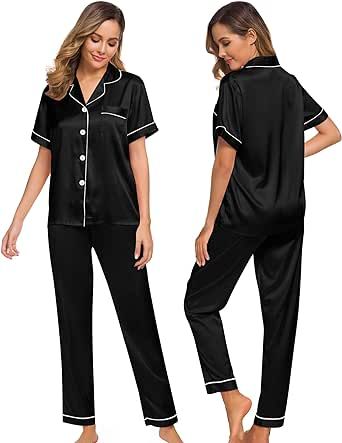 Materials: This lightweight pajama set is made of lightweighr silk satin, soft，breathable and skin-friendly, help you have a sound sleep.
Features: The relaxed fit two-piece comfortable sleepwear pajama set features the silkiest long pant with elastic waist and matches a silky-smooth short-sleeve v-neck top with a chest pocket, notch collar and the button-front top hits at hips. The sleepwear set are soft and elegant, to giving you a lazy sleep. Satin Pajamas Set, Bridal Sleepwear, Silk Pjs, Silky Pants, Pjs Set, Silk Pajamas Women, Satin Pajama, Silk Pajama Set, Pajamas Comfy