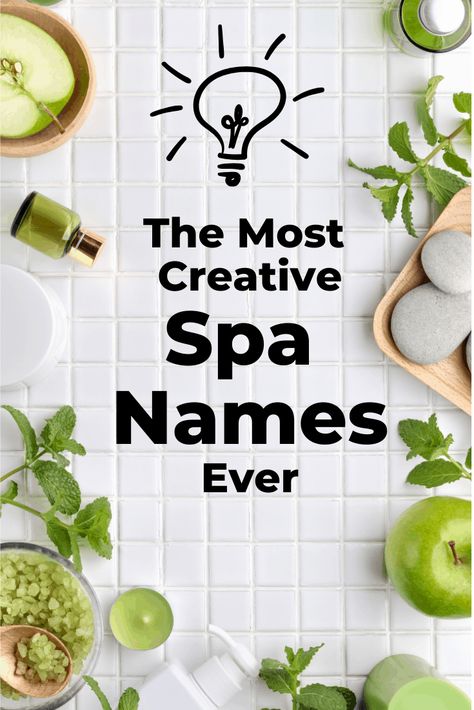 Unique spa names, creative spa names, catchy spa names, cool spa names, waxing business names, massage business names, classy spa names. The ultimate list of spa name ideas. Massage Therapy Business Names Ideas, Beauty Spa Names Ideas, Massage Spa Name Ideas, Medspa Name Ideas, Massage Therapy Name Ideas, Med Spa Name Ideas, Spa Names Unique, Spa Names Ideas Business, Waxing Business Names