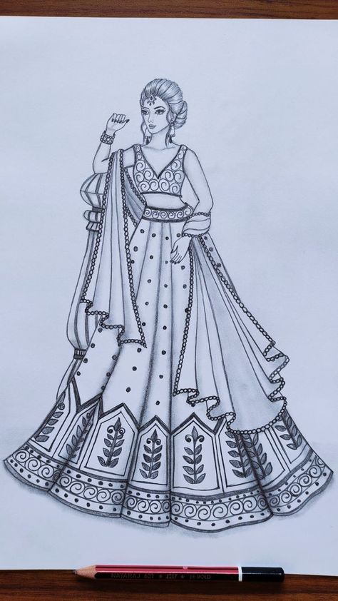 Lehenga Sketches, Dress Drawing Easy, Bride Fashion Illustration, Tattoo Pencil, Easy Pencil Drawings, Drawing Dragon, Fashion Illustration Tutorial, Easy Mandala Drawing, Fashion Illustration Collage