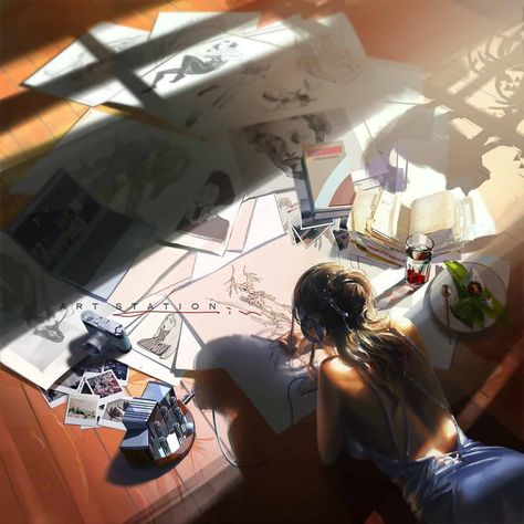 Art by:  Lin.  | Paintable.cc | Digital Painting Inspiration - Learn the Art of Digital Painting! Description: Digital painting of a girl drawing on the floor of her room while listening to music with headphones. #digitalart #digitalartist #artinspiration Artist Aesthetic Digital, Artist Life Aesthetic, Making Art Aesthetic, Digital Artist Aesthetic, Studio Vibes, Artsy Aesthetic, Artist Aesthetic, Foto Art, Artist Life