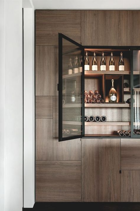 Home bar in a wall unit Love the wood and black accent but wouldn't do doors. Bar Cabinet Design, Details Furniture, Modern Bar Cabinet, Home Bar Cabinet, Bar Sala, Home Bar Design, Built In Bar, Home Bar Designs, Home Bar Furniture