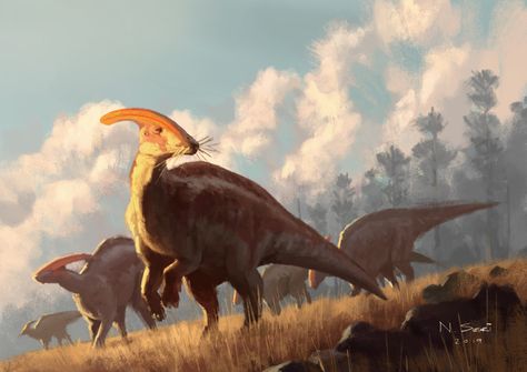 ArtStation - Parasaurolophus senses the danger, Napon Suzuki Dinosaur Sketch, Cool Dinosaurs, Prehistoric Wildlife, Dinosaur Images, Dinosaur Pictures, Dinosaur Drawing, Dinosaur Illustration, Prehistoric World, Jurassic World Dinosaurs