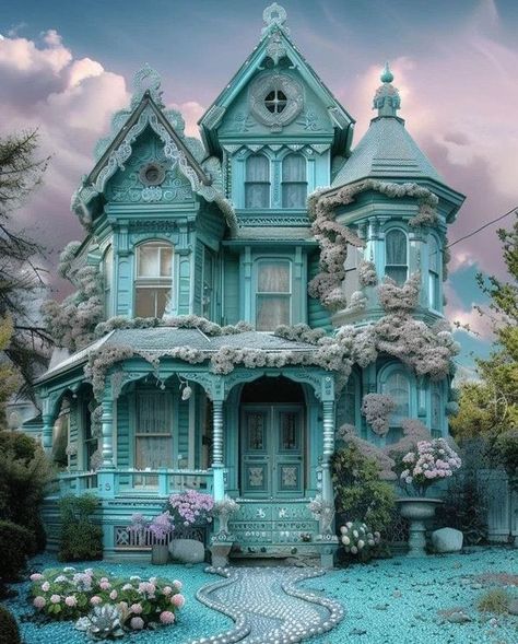 My Gothic home, the way we love it 💜🖤 | Facebook Green Victorian House Exterior, Green Victorian House, House Front Ideas, Minecraft Reference, Rock Cottage, Fairytale Houses, Victorian Homes Exterior, Victorian Exterior, Fantasy Houses