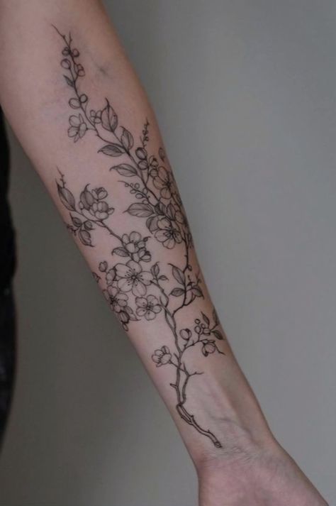 Plant Tattoo Sleeves, Cherry Blossom Branch Tattoo Arm, Grunge Floral Tattoo, Chinese Blossom Tattoo, Upper Arm Tattoo Sleeve, Black Cherry Blossom Tattoo, Thigh Tattoos Unique, Whimsical Flower Tattoo, Botanical Arm Tattoo