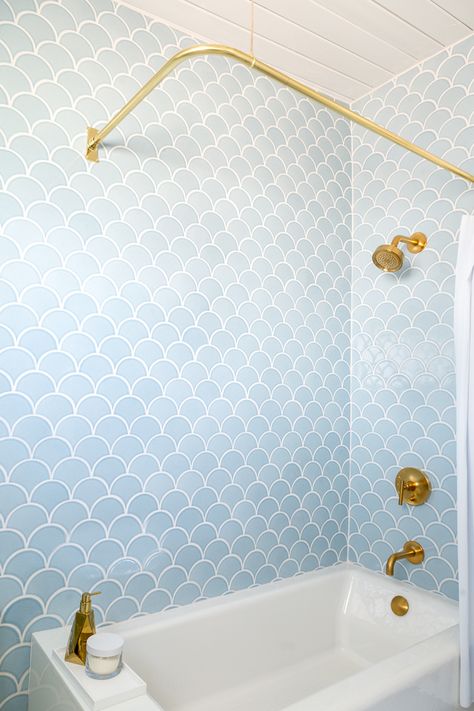 Master Bathroom Reveal - Emily Henderson Fish Scale Tile Bathroom, Blue Shower Tile, Mermaid Tile, Fish Scale Tile, Fireclay Tile, Decor Baie, Bathroom Tile Designs, Bathroom Top, Subway Tiles