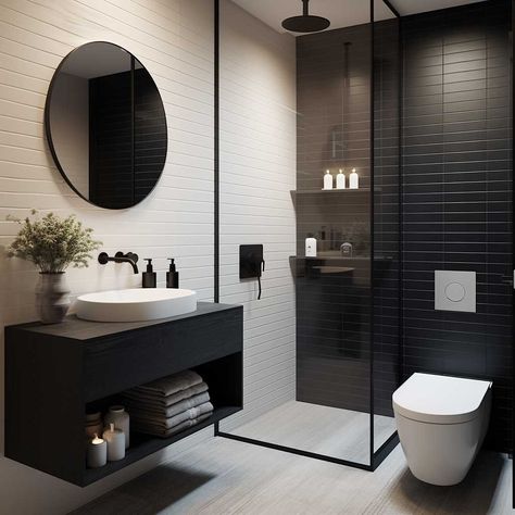 7+ Ways to Style a Modern Small Black and White Bathroom • 333+ Images • [ArtFacade] Design Interior Baie, Pool Garage, Cabinets Bedroom, Black Tile Bathrooms, Tattoo Garden, Bathroom Design Black, Black White Bathrooms, Small Bathroom Interior, Modern Small Bathrooms