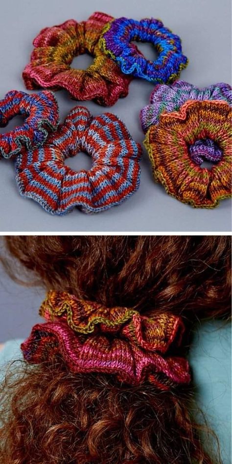 Trendy Knitting Projects, Cute Small Knitting Projects, Knit Hair Scrunchie, Scrappy Knitting Projects, Small Knitted Projects, Knit Small Projects, Hand Knit Projects, Knitting Inspiration Beginner, Scrunchies Diy Crochet