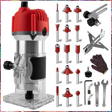 800W Compact Wood Router Tool, Portable Handheld Palm Router Woodworking,Electric Trimmer Wood Router with 15pcs Router Bits,Wood Laminate Router for Woodworking Handicraft and DIY Palm Router, Woodworking Router Bits, Router Tool, Router Projects, Woodworking Power Tools, Trim Router, Best Woodworking Tools, Router Machine, Wood Router