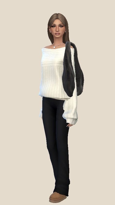 izzie’s back to school fit 📚📝 outfit details: sweater | yoga pants | uggs | bag credit to all the amazing cc creators 🤍@yuyulie @serenity-cc @madlensims @cocoelleansims Sims4 Sweater Cc, Sims 4 Cc Uggs Patreon, Sims 4 Jumper, Sims4 Sweater, Sims 4 Cc Sweatpants, Sims 4 Cc Sweater Accessory, Sims 4 Cc Hoodie, Sims 4 Cc Crop Top Sweater, Sims 4 Off Shoulder Sweater