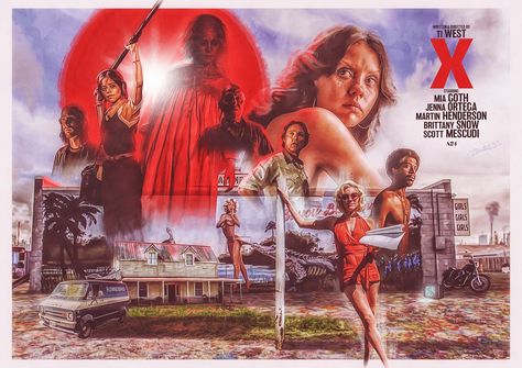 x (art by chris barnes) Ti West, X Movie, X 2022, Martin Henderson, Mia Goth, Movie Ideas, Brittany Snow, Golden Age Of Hollywood, Jenna Ortega