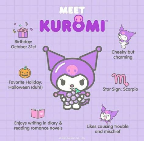 Facts About Kuromi, Kuromi Friends, Phoebe Core, Reading Romance Novels, Cute Kuromi, Sanrio Stuff, Catty Noir, Images Kawaii, Hello Kitty Characters