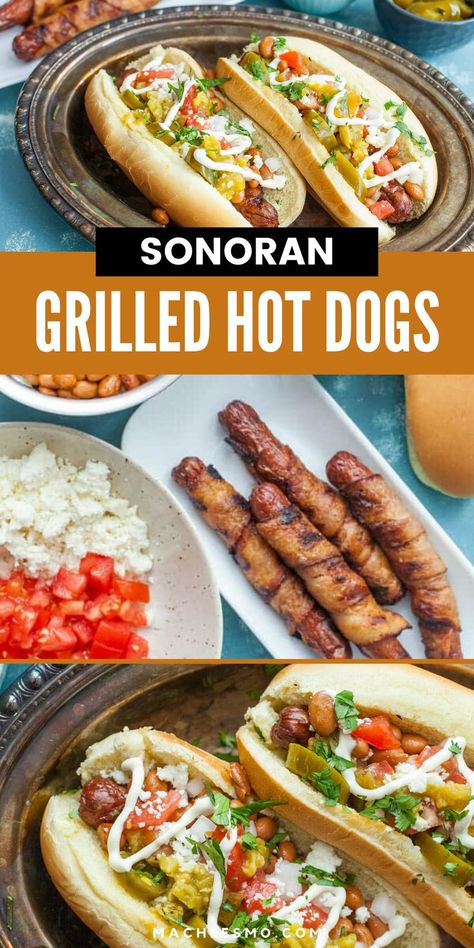 Essen, Sonoran Hot Dog Recipe, Grilled Hot Dogs, Sonoran Hot Dog, Hot Dog Sauce Recipe, Bacon Hot Dogs, Wrapped Hot Dogs, Recipe For Lunch, Hot Dog Sauce