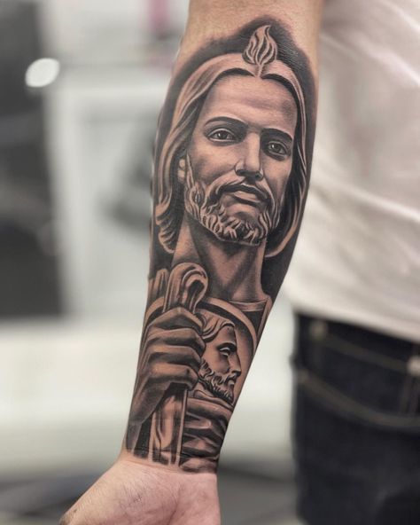 https://www.instagram.com/p/CYnHh3iJriO/?igshid=MDJmNzVkMjY= Religous Tattoo, Mother Mary Tattoos, Jesus Tattoo Design, Forearm Tattoo Quotes, Outer Forearm Tattoo, Arm Sleeve Tattoos For Women, Christian Sleeve Tattoo, Rose Tattoos For Women, Tattoo Forearm