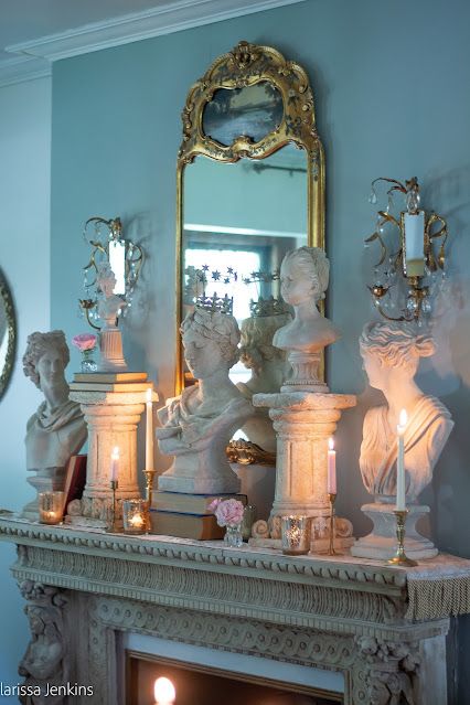 Adding old world charm to statues DIY - Welch House 1900 Old World Decor French Country, Pillar Design Interior, Bust Decor, French Glam, Cement Statues, Victorian Trading Company, Just Go For It, Patina Paint, Neoclassical Interior