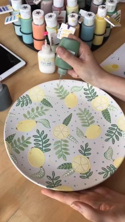 I went to a pottery painting cafe !!! #fyp #painting #ceramics | TikTok Pottery Painted Bowls Design, Paint Your Own Ceramics Ideas, Pottery Painting Neutral, Keramik Painting Plate, Citrus Pottery Painting, Plate Painting Aesthetic, Paint A Pottery Ideas, Green Pottery Painting Ideas, Pottery Painting For Beginners