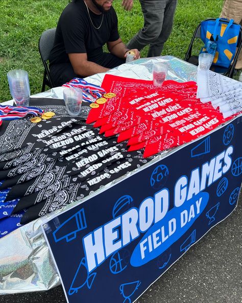 Adult field day for my birthday! I made custom bandanas and printed a banner! 2nd annual Herod Games! Field Day Adults, Field Day Birthday Party, Field Day Games For Adults, Adult Field Day, Field Day Ideas, Hosting Era, Field Day Games, 27th Birthday, Event Decorations