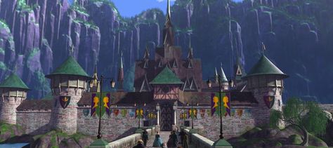 Arendelle Castle is the home of Anna and Elsa in the film, Frozen. It is located in a defensive position guarding the fjord that leads to Arendelle's harbor. Due to Elsa's unstable control of her powers, the castle grounds were considered off-limits to the outside world by her parents, out of concern for the kingdom's protection, along with Anna's and Elsa's as well. After 13 years, Anna helps Elsa finally gain control of her powers, declaring to never again close the castle gates, therefore... Arendelle Castle, Frozen Banner, Elsa Castle, Arendelle Frozen, Hans Frozen, Frozen Merchandise, Frozen Images, Frozen Castle, Castle Interior