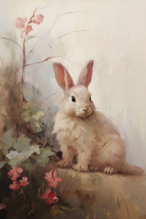 A neutral tone painting of a bunny rabbit sitting near the flowers and plants. Tone Painting, Rabbit Sitting, Bunny Painting, Rabbit Painting, Bunny Drawing, Vintage Rabbit, Fairytale Illustration, Vintage Bunny, Rabbit Art