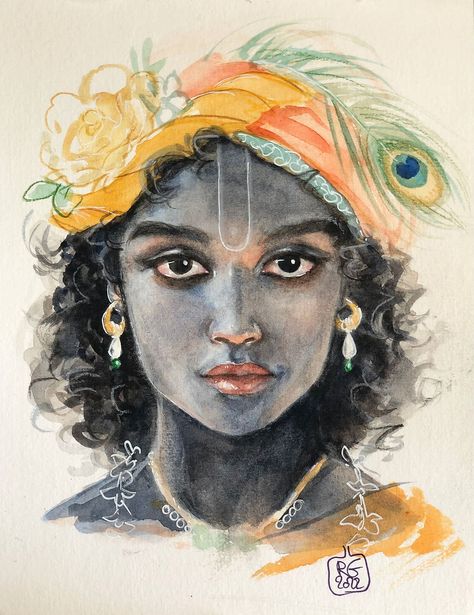 Radhe Gendron, Masculine Face, Watercolor Indian, Krishna Avatar, Krishna Krishna, Orange Highlights, Krishna Drawing, Sri Krishna, Beautiful Art Paintings