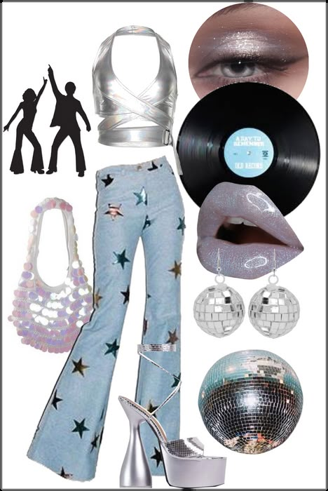 Disco Jeans Outfit, Disco Ideas Outfit, Disco Outfit Halloween, Disco Aesthetic Outfit Party, Diy Disco Outfit Ideas, 70s Disco Glam Outfit, Funk Outfit For Women, 70s Outfits 1970s Disco, Disco 90s Party Outfit