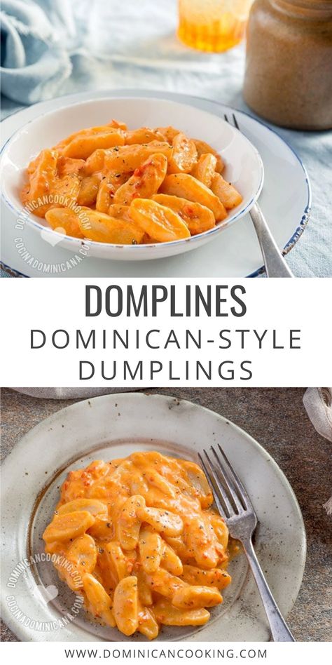 DOMPLINES (DOMINICAN-STYLE DUMPLINGS) on a plate. Essen, Dominican Cuisine, Dominican Cooking, Dominican Dish, Dominicano Recipes, Dominican Style, Traeger Cooking, Boricua Recipes, Dominican Food