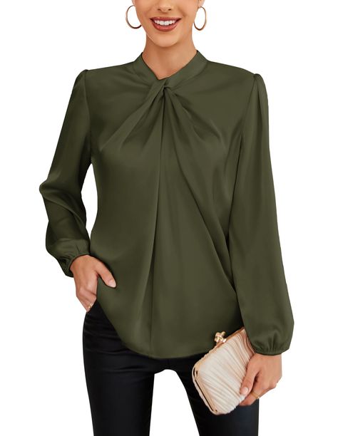 PRICES MAY VARY. 💖This business blouse is made from a smooth and supple, lightweight fabric which non-elastic and free-wrinkle,cozy and stylish 👗Feature: Twist neckline, teardrop button at the back, pull on shirts,loose fit, solid color, lantern long sleeves blouse top for women 💋Elegant and casual style.Mock neck long sleeve blouse pair with variety of jeans, pencil skirt, pants, high heels for a vintage or office lady look that's easy to love all season 💃Occasion: Solid satin blouses top for spring and fall. Perfect for casual,going out,school,work,office,business,daily wear,date night,evening suit for all seasons 💌Notes:Please check our size chart picture carefully before you place orders. Wash separately, hand-wash in cold water and machine washable.  Features:  The stylish blouse Work Shirts For Women Office Wear, Business Blouse, Classy Blouses, Classic Blouses, Sleeves Blouse, Neckline Designs, Satin Blouses, Elegant Blouses, Stylish Blouse