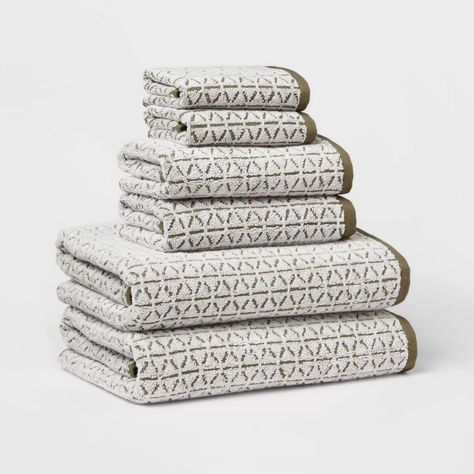 6pc Boho Bath Towels And Washcloths Set - Threshold™ : Target Dark Towels Bathroom, Boho Hand Towels, Master Bath Towels, Olive Green Bathroom Decor, Decorative Bath Towels Display, Boho Towels, Target Bathroom, Bathroom Dark, Utah House