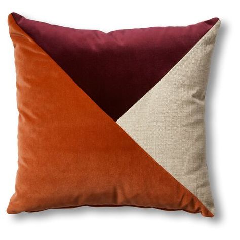 Designed by us and available only at One Kings Lane: A classic accent for any sofa, bed, or chair, this pillow is made of natural linen-blend fabric with knife edges and velvet patchwork detailing in wine and orange hues. Solid back. Insert included. Zipper closure. Blue Linen Pillows, Blue Outdoor Pillows, Elegant Throw Pillows, Luxury Pillows Decorative, Leopard Pillows, Orange Pillow, Pom Pom Pillows, Watercolor Pillows, Wine Decor