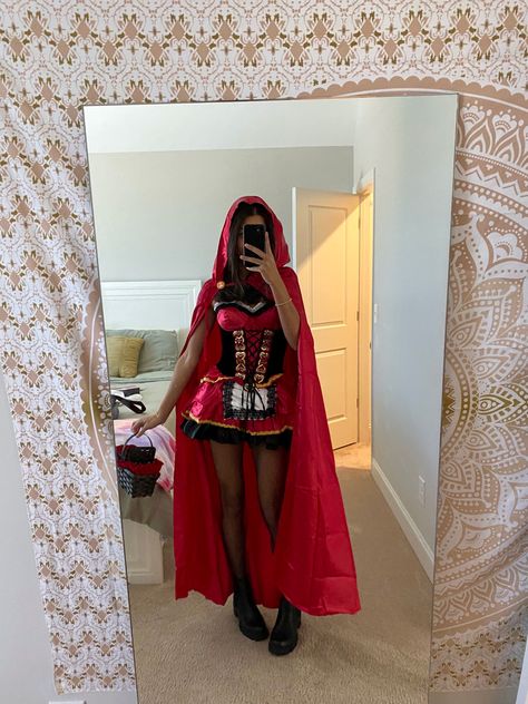 Little Red Riding Hood Makeup Pretty, Red Ridding Hood Costume Women, Red Riding Hood Costume Women's, Diy Little Red Riding Hood Costume Women, Lil Red Riding Hood Costume, Halloween Red Dress, Red Halloween Costumes, Red Hood Costume, Red Head Halloween Costumes