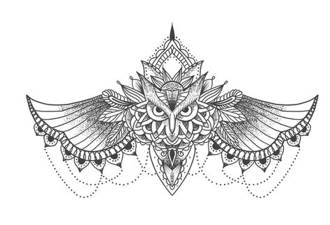 Owl Tattoo Stencil, Chest Tattoo Designs Female, Chest Tattoo Female Upper, Floral Skull Tattoos, Owl Tattoo Chest, Mandala Mini, Front Neck Tattoo, Sternum Tattoos, Underboob Tattoo Designs