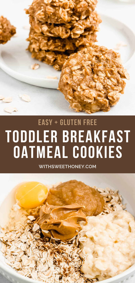 If you're looking for a quick breakfast for your little one, this is a great option! These healthy oatmeal toddler breakfast cookies are full of nutrients, no added sugar, and made with only a few simple ingredients. You can also make them gluten free, and dairy free! Who said you can’t have a cookie for breakfast?! Soft Breakfast Cookies Healthy, Healthy Junk Food Dinner, Easy Toddler Breakfast Meal Prep, Easy Toddler Breakfast On The Go, Food To Make With Toddlers, Toddler Easy Breakfast Ideas, Gluten Free Dairy Free Toddler Meals, Toddler Cookies No Sugar, Baked Oatmeal Baby Led Weaning