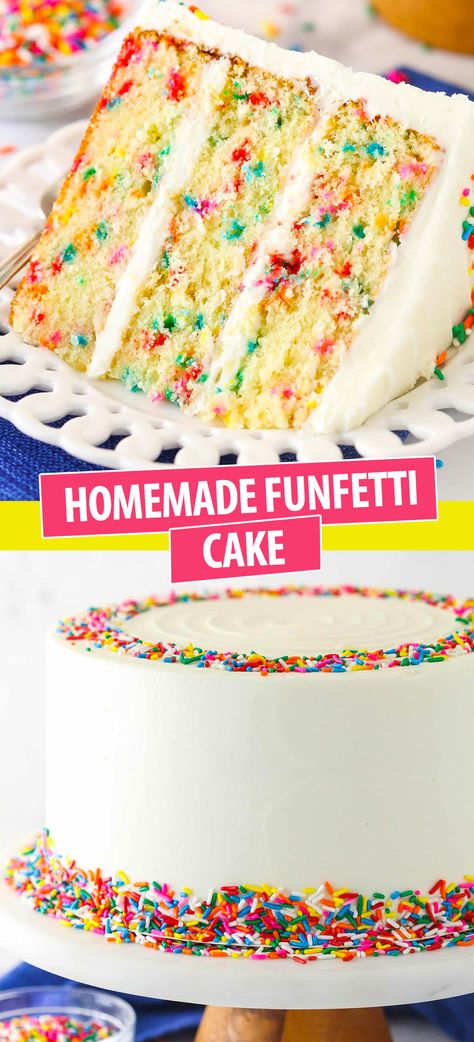 This Funfetti cake is made up of three layers of moist, buttery vanilla cake packed with colorful rainbow sprinkles. It is filled and frosted with a rich, vanilla buttercream and finished off with even more rainbow sprinkles. It practically screams “Party time!”. Funfetti Cake Sallys Baking, Funfetti Tiered Cake, Vanilla Rainbow Cake, Birthday Cake Flavored Cake, Birthday Cake With Whipped Cream, Rainbow Cake Sprinkles, White Cake With Rainbow Sprinkles, Lemon Funfetti Cake, Crayola Cake Ideas