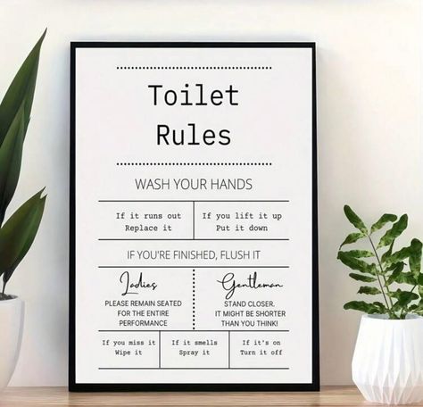 Toilet Rules, Bathroom Wall Decor Art, Bathroom Posters, Downstairs Toilet, Toilet Sign, Toilet Wall, Decor Baie, Bathroom Prints, Fashion Wall Art