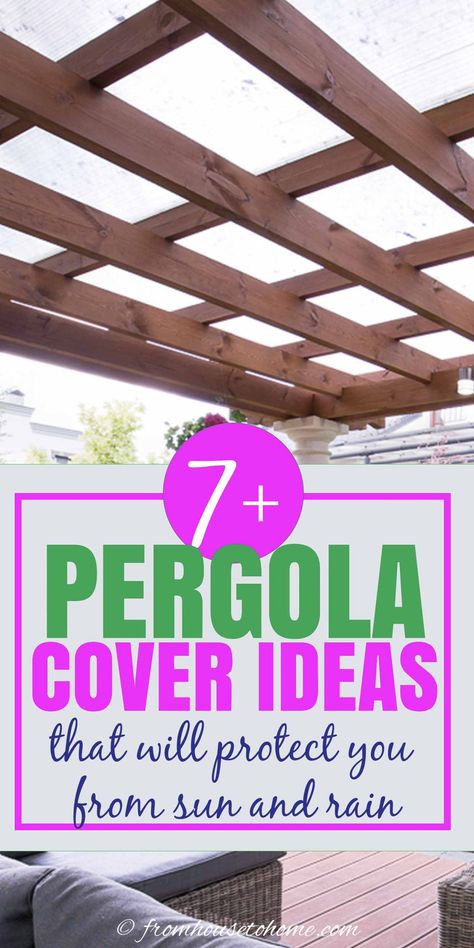 These pergola shade ideas will help keep the sun and rain off your patio. From a retractable canopy to roof panels to vines, you'll vine lots of ways to cover your outdoor spaces. #fromhousetohome  #decks #patios  #gardenpaths Rain Pergola, Pergola Cover Ideas, Waterproof Pergola, Summer Hangout, Pergola Cover, Shade Sail Installation, Retractable Pergola Canopy, Shade Ideas, Farmhouse Patio