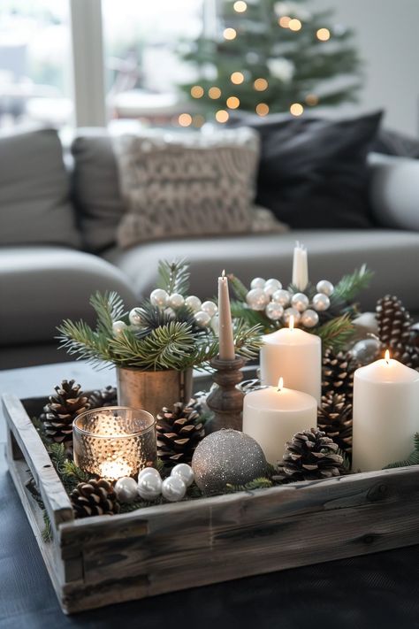 Christmas Living Room Centerpiece, Christmas Living Room Table Decor, Christmas Cones Decorations, Non Traditional Christmas Decor, Modern Christmas Decor Living Rooms, Small Table Christmas Decor, Christmas Home Decor Ideas Living Room, Christmas Tray Decor Ideas, Xmas Tables