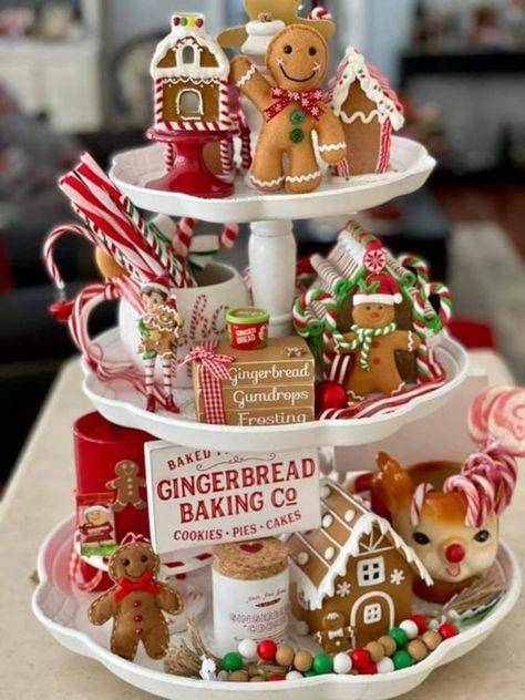 Gingerbread Tablescape, Christmas Tiered Tray Ideas, Gingerbread Tiered Tray, Tiered Tray Ideas, Three Tiered Tray, Gingerbread Kitchen, Gingerbread Decor, Tray Decor Christmas, Christmas Tiered Tray